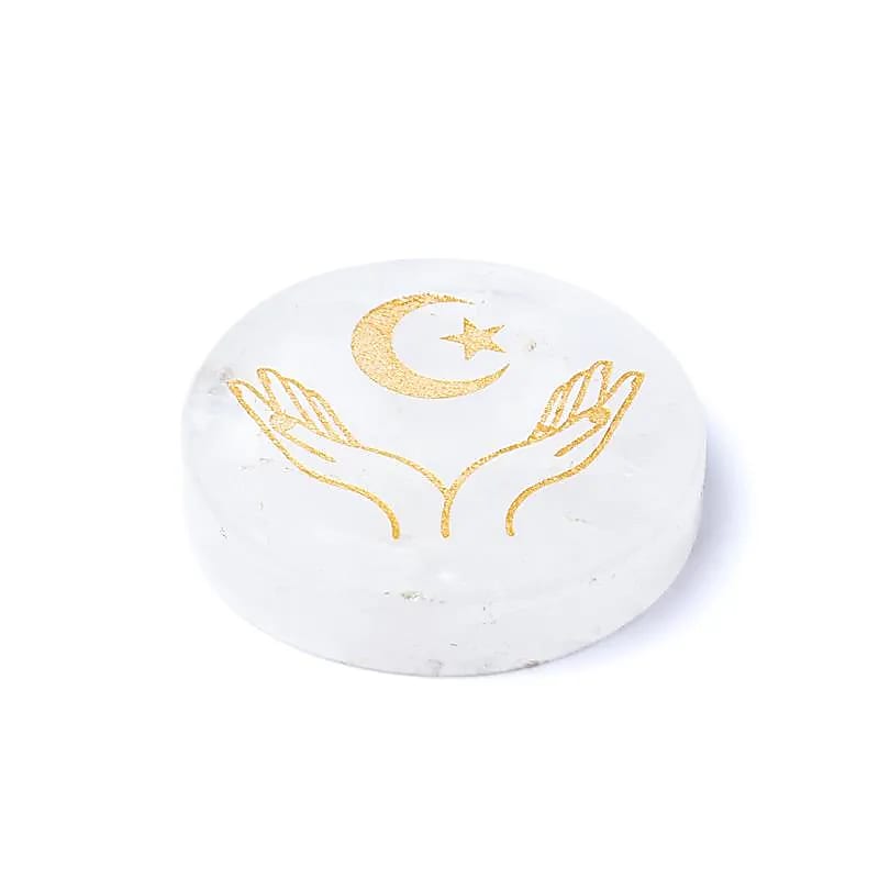 Gravierte Mineralienscheibe Bergkristall Hände, Mond und Stern