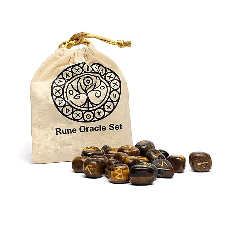 Runen-Orakelset aus Tigerauge im Baumwollbeutel