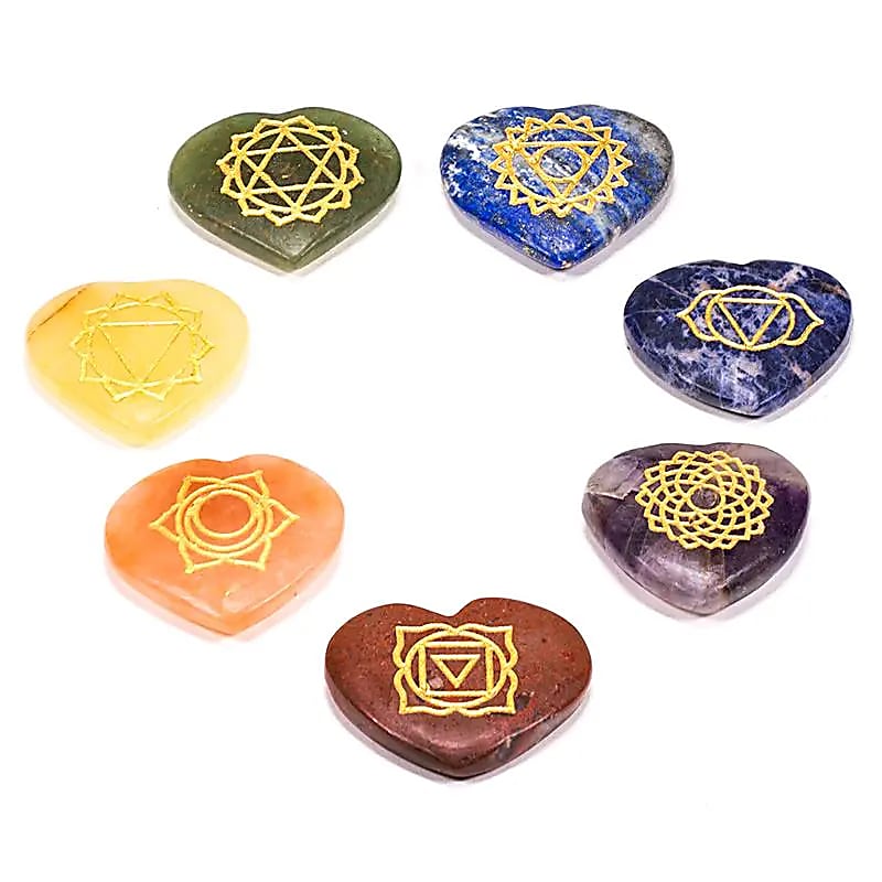 Edelstein SET mit 7 Chakra Symbolsteinen (Herz)
