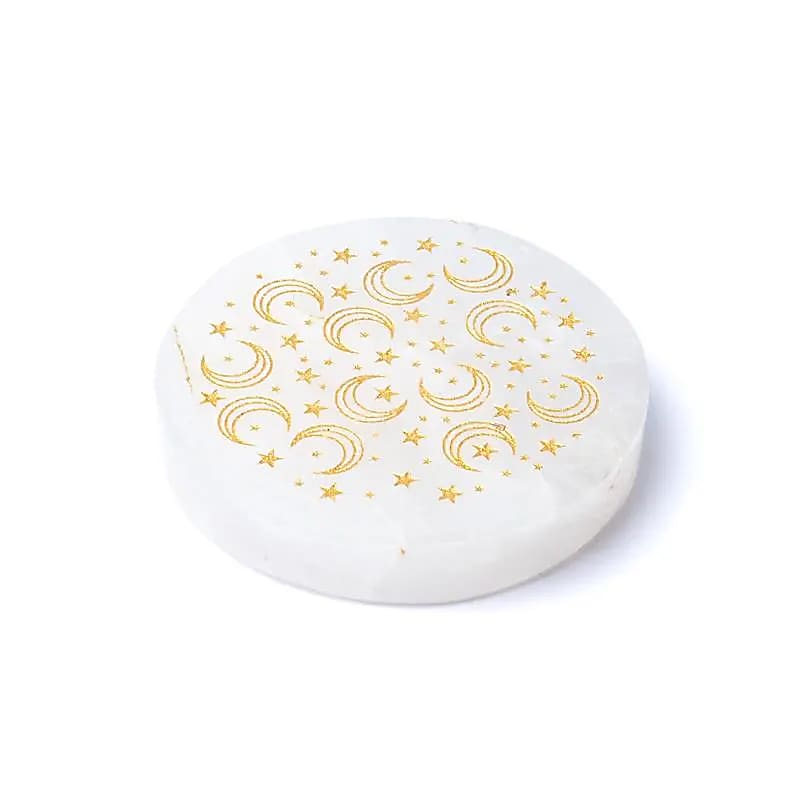 Gravierte Mineralienscheibe Bergkristall Monde und Sterne