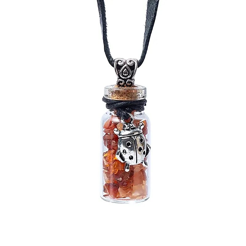 Geschenkflasche aus Glas und Kordel mit Karneol und Marienkäfer