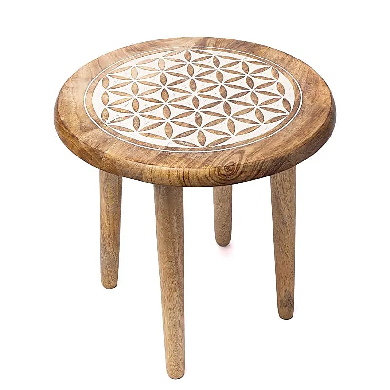 Beistelltischchen Blume des Lebens weißer Druck Mango Holz
