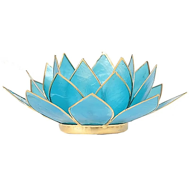 Lotus Teelichthalter blau 5. Chakra goldfarbig
